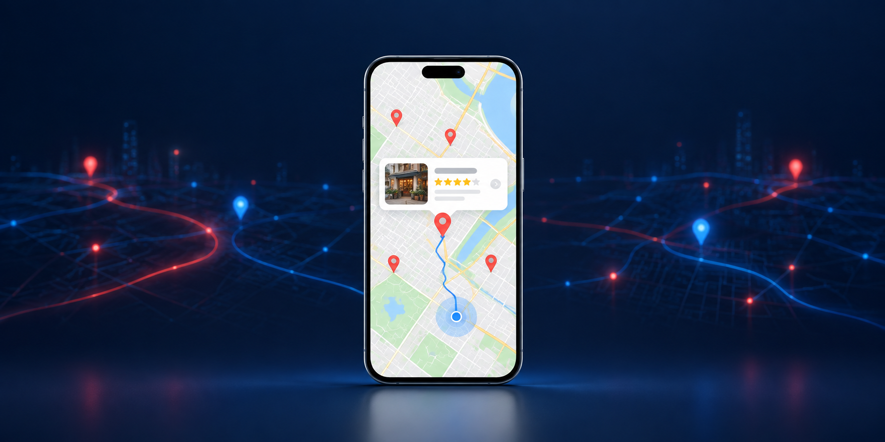 Google Maps-inspired smartphone showing business and location discovery